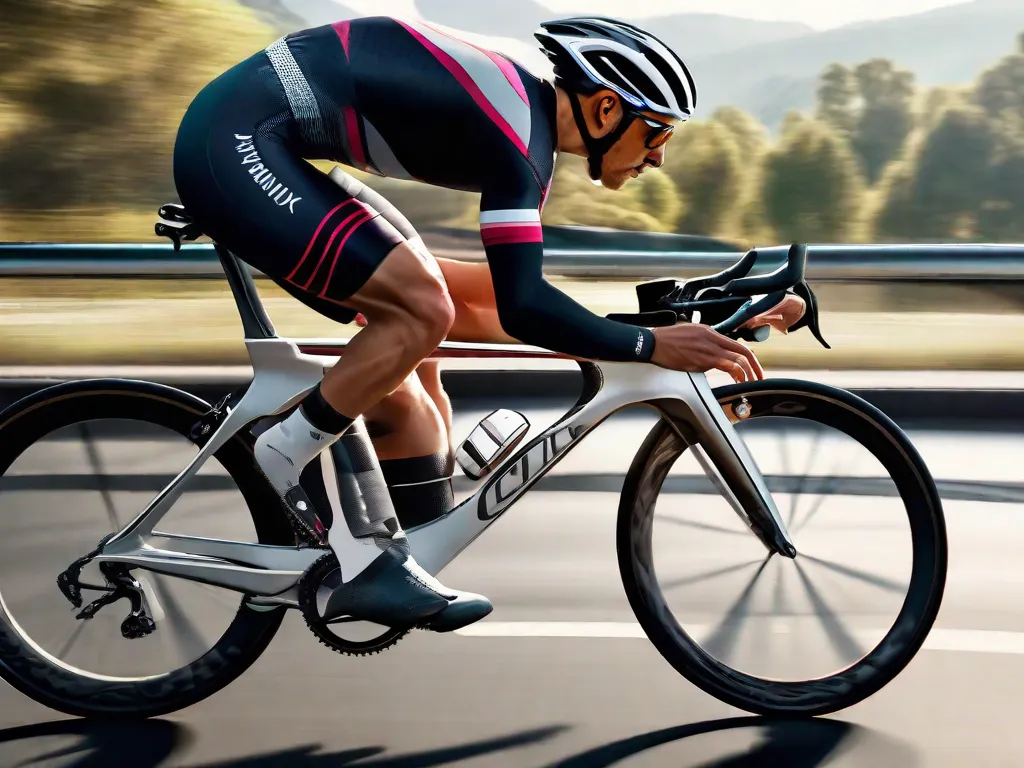 Um ciclista vestido com uma camisa aerodinâmica e respirável e shorts acolchoados está andando em uma bicicleta de estrada com guidão curvado. Eles mantêm uma posição encolhida, com os cotovelos dobrados e o núcleo engajado, destacando a importância da contração abdominal para estabilidade e transferência de potência durante o ciclismo.