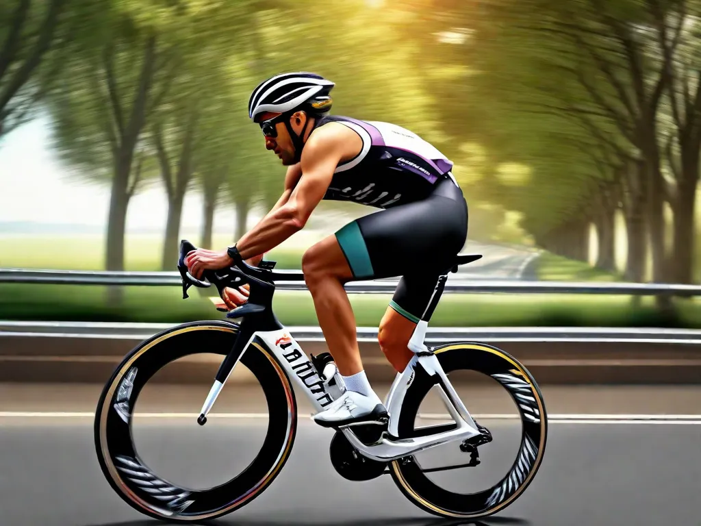 Um ciclista em movimento em uma bicicleta de estrada, vista lateral, demonstrando postura perfeita com as costas retas, cotovelos dobrados e mãos nos apoios do guidão. Com capacete e focado à frente, eles pedalam em uma estrada tranquila com árvores ao fundo durante a hora dourada.
