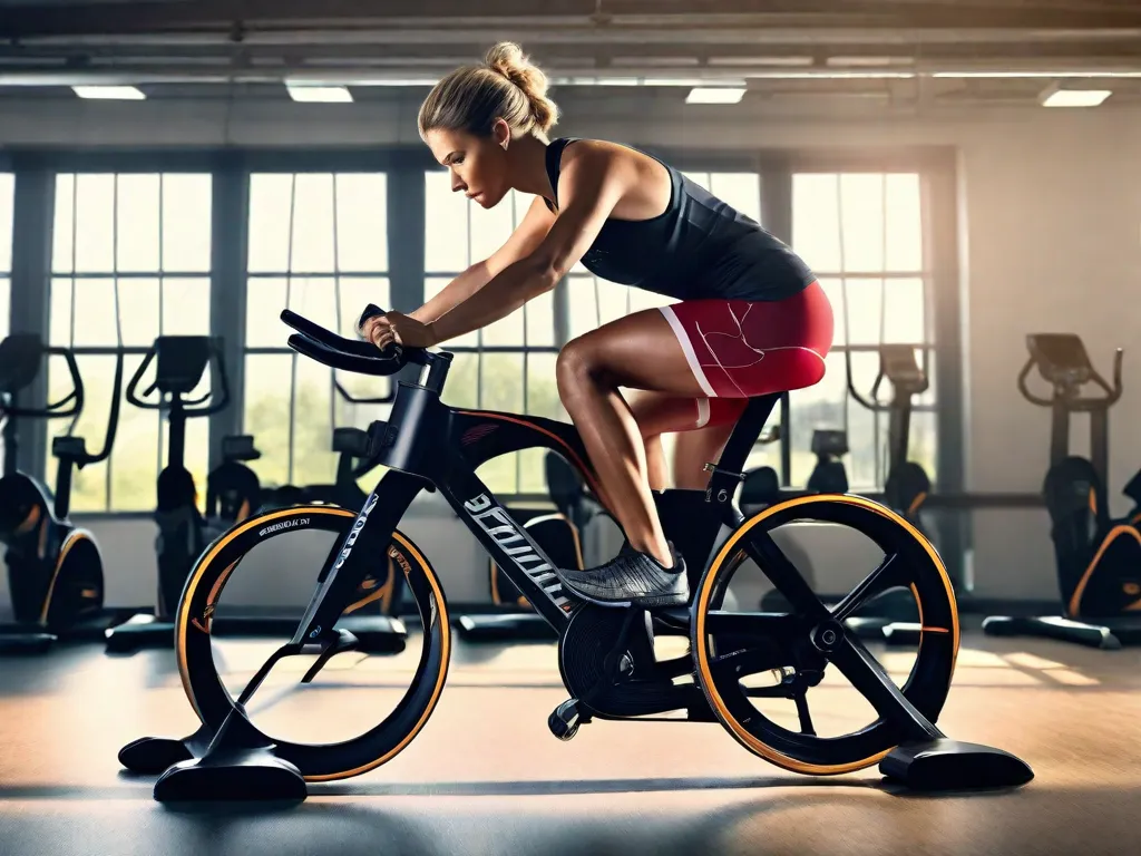 Descrição: Um ciclista é mostrado em uma academia, posicionado em uma bola de estabilidade e realizando exercícios que se concentram no fortalecimento dos músculos do core. Com uma expressão concentrada, eles envolvem os músculos abdominais e das costas, mantendo o equilíbrio e a estabilidade enquanto melhoram o desempenho no ciclismo.