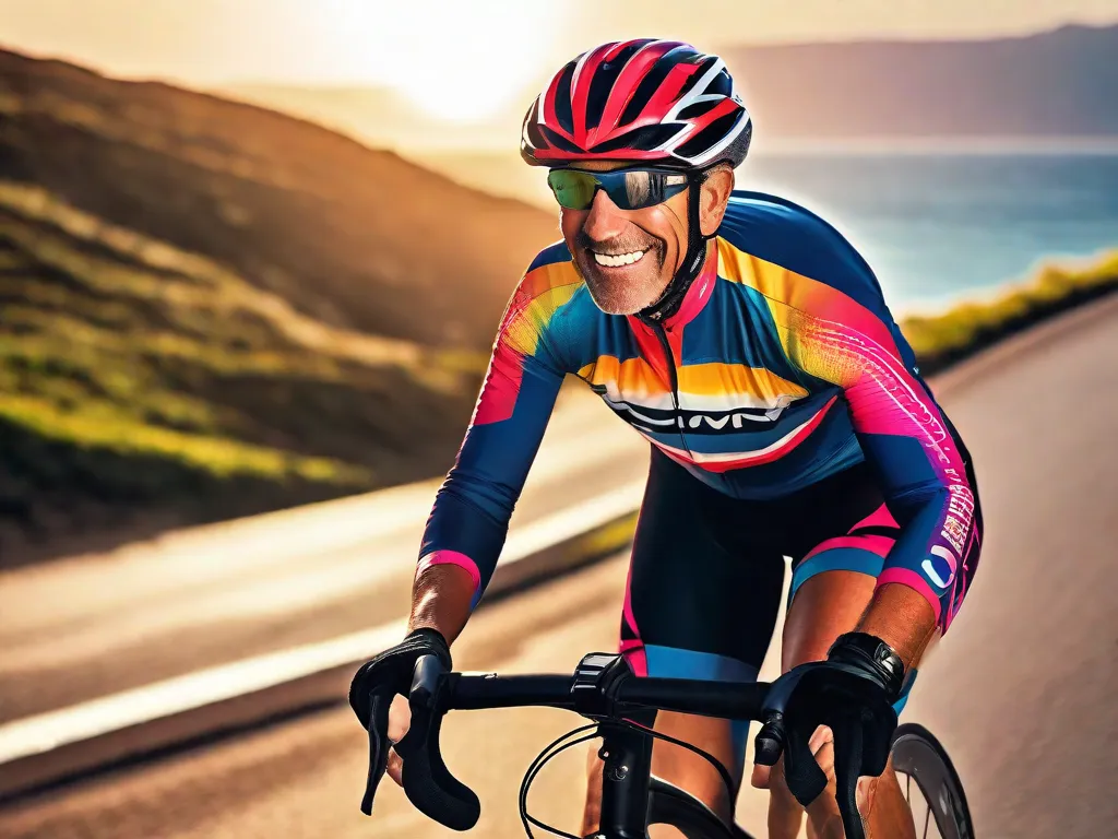 Uma imagem vibrante de uma pessoa de meia-idade sorrindo, usando capacete e equipamento de ciclismo, pedalando uma bicicleta de estrada ao longo de um caminho costeiro pitoresco com o sol se pondo sobre o oceano ao fundo, simbolizando a alegria e os benefícios para a saúde do ciclismo para a melhoria cardiovascular.