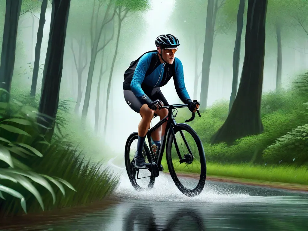 Descrição da imagem:
Um ciclista está pedalando por uma floresta pitoresca, cercado por árvores verdes exuberantes. A chuva está caindo, criando uma atmosfera nebulosa. O ciclista está usando uma jaqueta e calça impermeáveis, com gotas de água brilhando no tecido. Sua expressão concentrada mostra determinação e prazer, apesar das condições clim