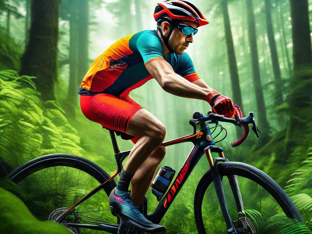 Uma imagem vibrante de um ciclista pedalando por uma floresta verde exuberante, cercado por diferentes terrenos. A expressão determinada do ciclista e a paisagem em constante mudança simbolizam a variedade de opções de treinamento disponíveis, enquanto as cores vibrantes inspiram motivação constante para explorar novos caminhos e ultrapassar limites.