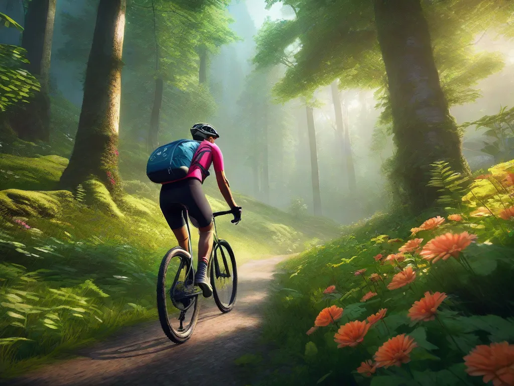 Descrição: Uma imagem de um ciclista pedalando por uma floresta pitoresca, cercada por vegetação exuberante e flores vibrantes. O ciclista está usando uma garrafa de água reutilizável e uma mochila com um símbolo de reciclagem, enfatizando a importância das práticas ecologicamente corretas ao andar de bicicleta.