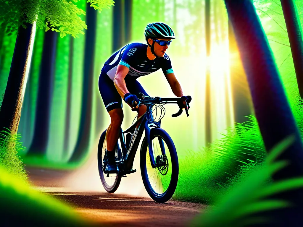 Uma imagem vibrante de um ciclista pedalando por uma floresta verde exuberante, com raios de sol filtrando entre as árvores. O cabelo do ciclista está voando ao vento, capturando a sensação emocionante de liberdade e conexão com a natureza ao pedalar em espaços naturais.