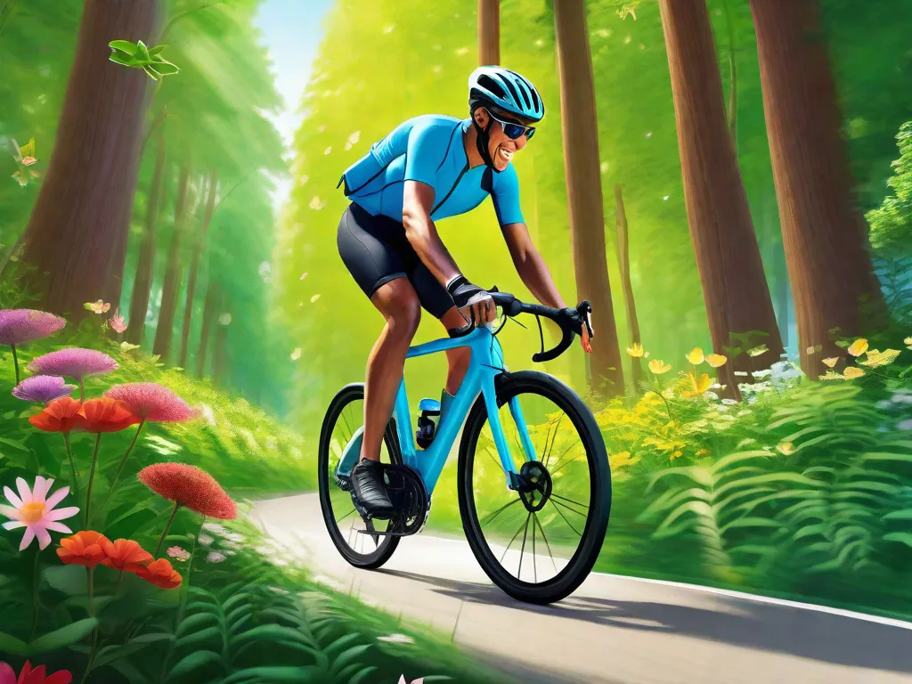 Uma imagem vibrante mostra um ciclista pedalando por uma floresta verde exuberante, rodeado por árvores altas e flores em flor. O ciclista está usando um sorriso brilhante, representando os benefícios para a saúde do ciclismo. Ao fundo, ar limpo e um céu azul claro simbolizam o impacto positivo do ciclismo no meio ambiente.