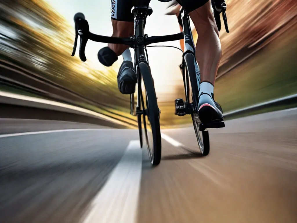 Mãos de um ciclista concentrado segurando o guidão de uma bicicleta de estrada, olhos fixados no caminho à frente, com um fundo desfocado transmitindo movimento e velocidade. O ciclista está usando capacete e equipamento refletivo para enfatizar a segurança e a atenção durante a pedalada.