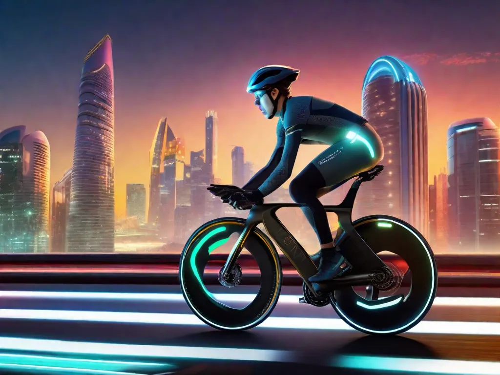 Uma imagem futurista retrata um ciclista usando um capacete elegante e aerodinâmico e um traje de ciclismo de alta tecnologia. O ciclista está pedalando uma bicicleta elétrica de última geração que se integra perfeitamente ao seu smartphone, exibindo dados de desempenho em tempo real. O fundo mostra uma paisagem urbana com faixas exclusivas para ciclistas e semáfor