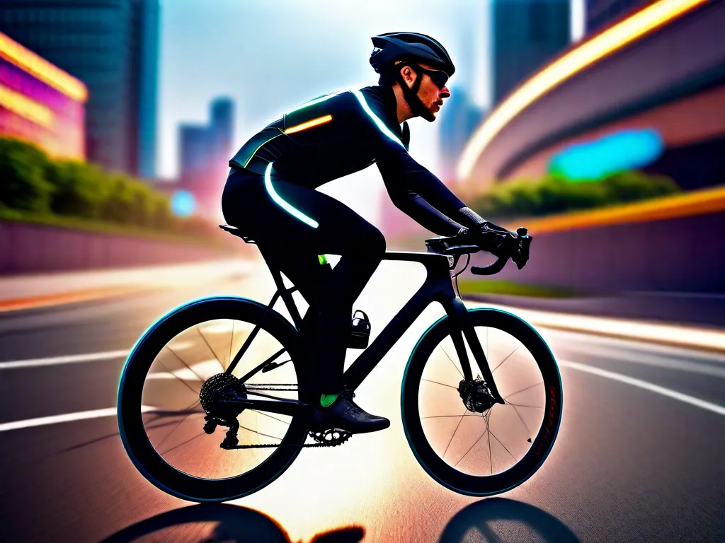 Uma imagem vibrante de um ciclista usando um traje aerodinâmico futurista, pedalando uma bicicleta elegante e tecnologicamente avançada. O ciclista está rodeado por uma paisagem urbana com infraestrutura inovadora para ciclismo, mostrando o futuro do ciclismo como um meio de transporte sustentável e eficiente.