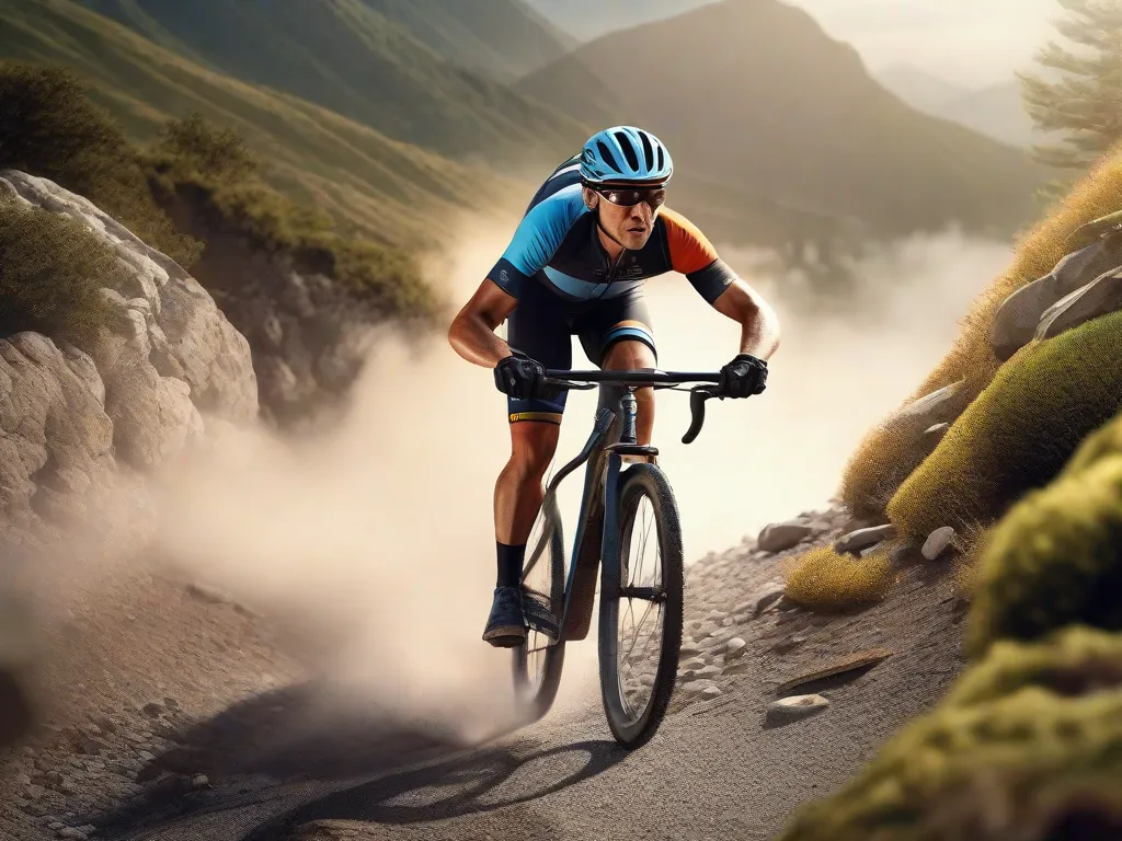 A imagem retrata um ciclista habilidoso navegando por uma trilha desafiadora de montanha. Com foco intenso, o ciclista se inclina em uma curva acentuada, mostrando técnicas precisas de controle da bicicleta. A determinação em seu rosto reflete a maestria de seu ofício, inspirando os outros a melhorarem suas próprias habilidades de ciclismo.