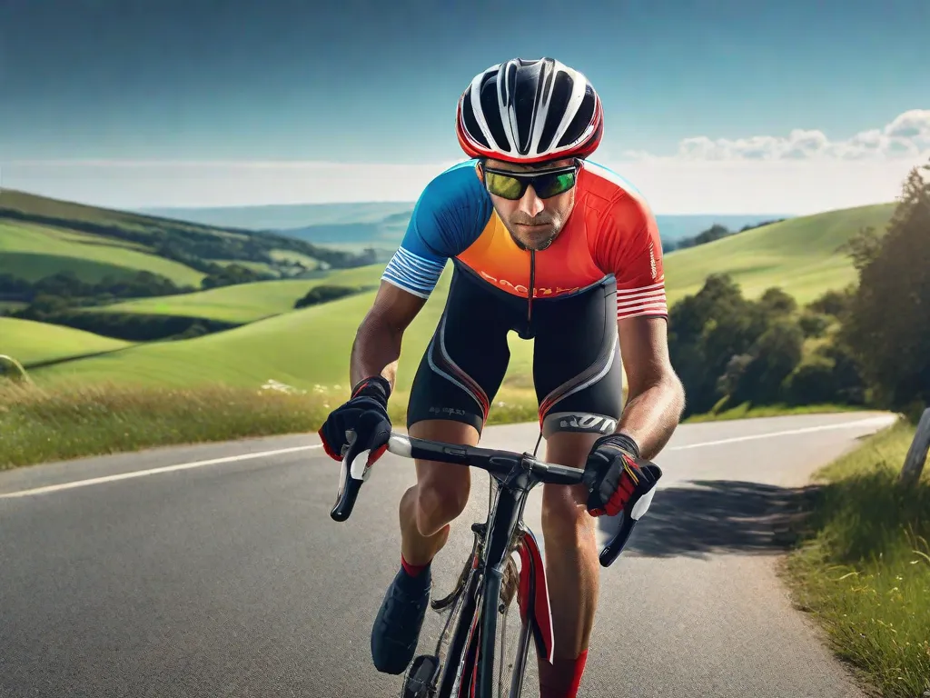 Um ciclista, vestido com uma camisa vibrante e capacete, verifica intensamente o seu relógio de pulso enquanto se apoia em sua bicicleta de estrada, pronto para retomar seu passeio contra um cenário de colinas ondulantes sob um céu azul límpido.