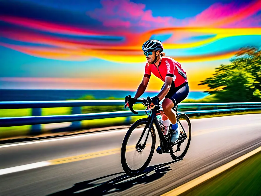 Descrição da imagem: Uma fotografia vibrante que mostra um ciclista iniciante pedalando ao longo de uma estrada costeira cênica. O ciclista está usando capacete e uma camisa de cores vivas, exalando uma sensação de determinação e empolgação. O pano de fundo pitoresco do oceano e do céu azul simboliza a liberdade e a alegria que o ciclismo