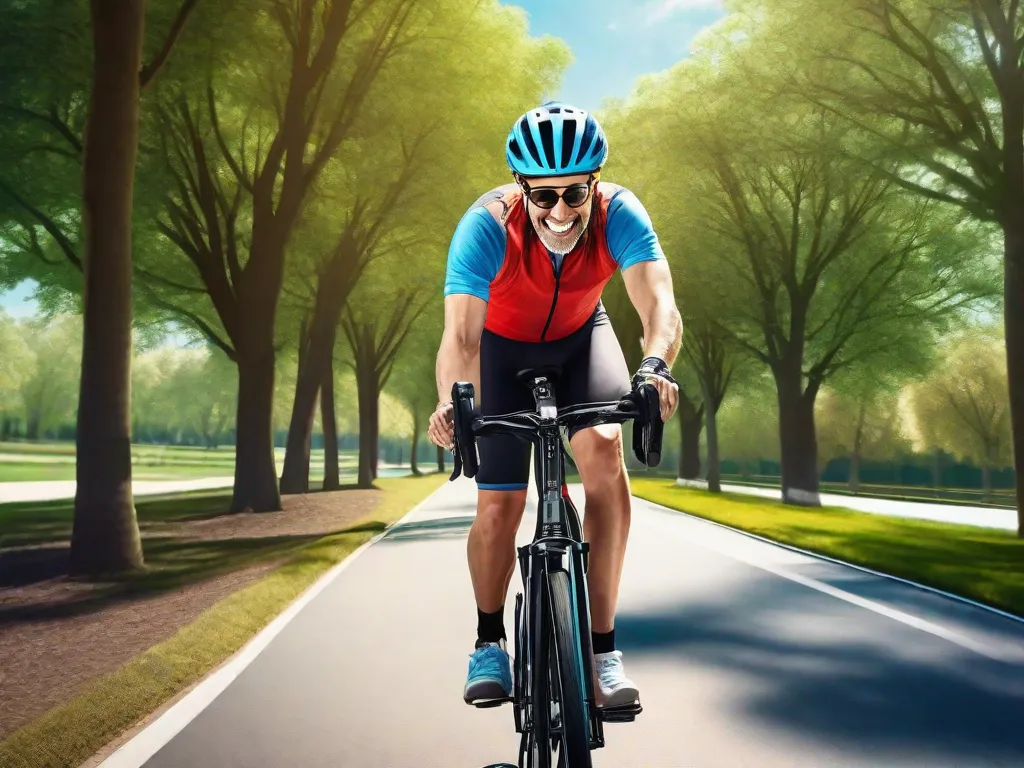 Um ciclista adulto iniciante sorridente, usando capacete, com uma pegada suave no guidão de uma bicicleta estacionária, parada em um caminho tranquilo em um parque ensolarado, cercado por árvores com um céu azul limpo acima.