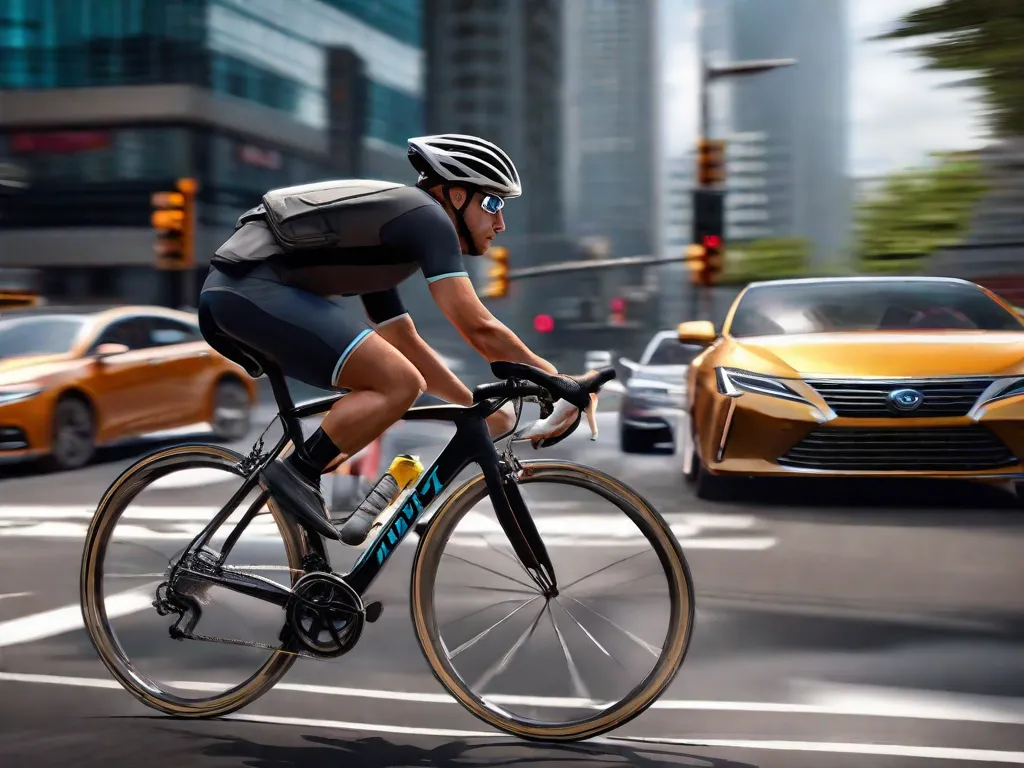 Uma imagem em close-up de um ciclista navegando com confiança por uma movimentada interseção da cidade, com carros e pedestres ao fundo. A expressão concentrada do ciclista e o fluxo contínuo de movimento capturam a essência de aproveitar as oportunidades nas interseções ao pedalar.