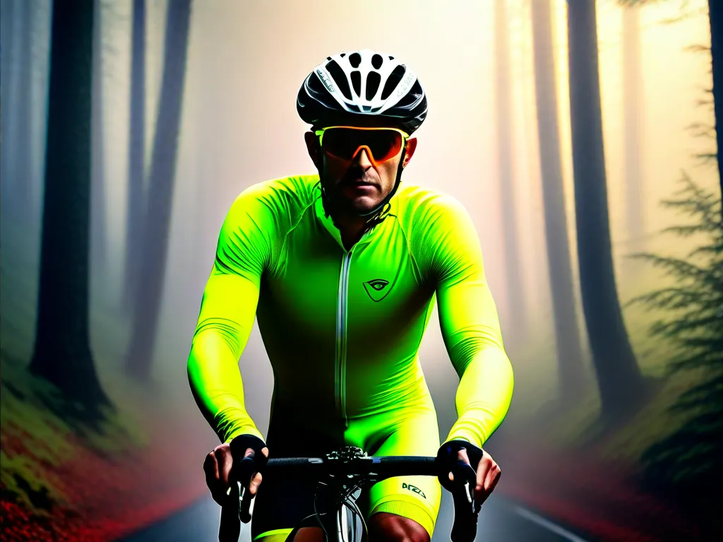 Descrição: Um ciclista usando uma camisa de ciclismo amarelo fluorescente brilhante atravessa uma floresta nebulosa. A cor vibrante da camisa se destaca no cenário nebuloso, garantindo que o ciclista permaneça visível para outros ciclistas e motoristas na estrada.