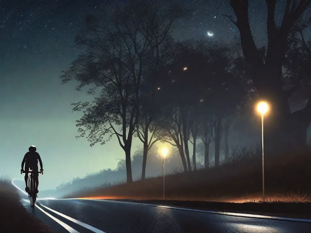 Uma bicicleta solitária com faixas refletoras no quadro e nas rodas, estacionada junto a um poste de luz em uma rua urbana deserta. A bicicleta está equipada com um farol LED brilhante e uma luz traseira vermelha piscante, com um colete de segurança amarelo neon pendurado sobre o selim.