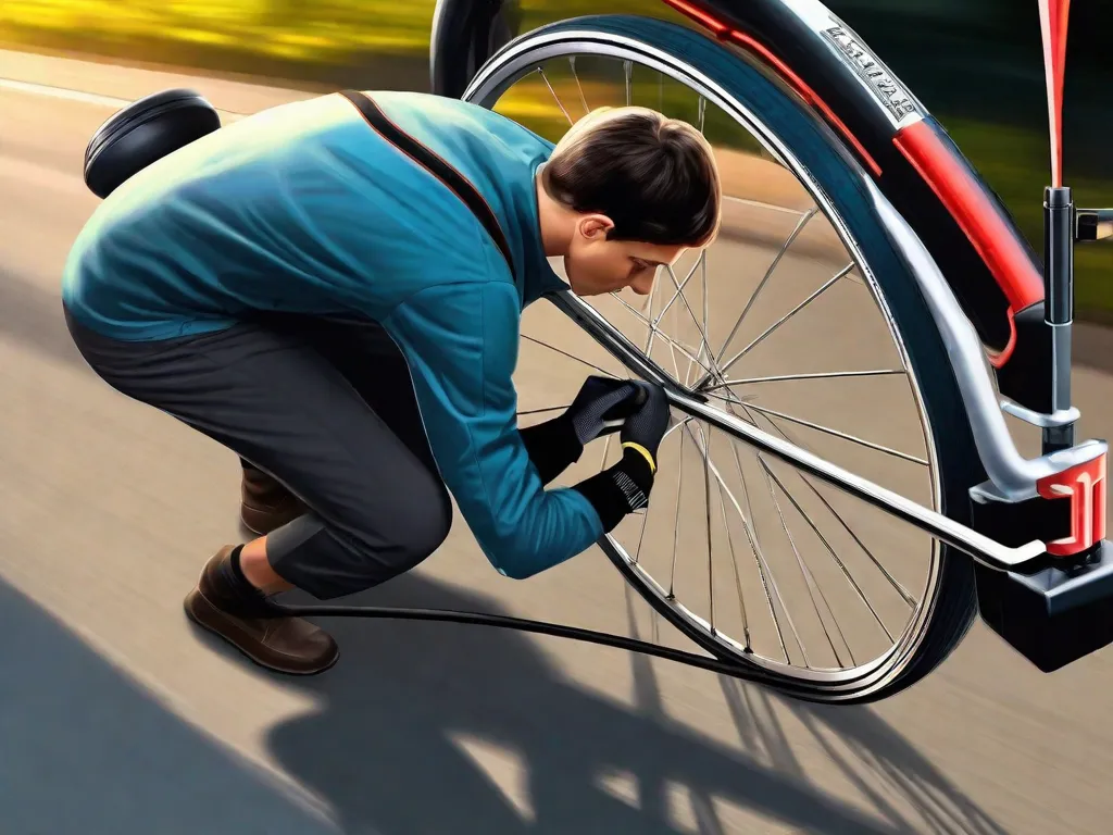 Uma imagem de um ciclista usando luvas de proteção e usando uma bomba de bicicleta para inflar um pneu. O ciclista está focado e monitorando cuidadosamente o medidor de pressão para garantir que o pneu não esteja superinflado. Essa imagem destaca a importância da manutenção adequada dos pneus e das precauções de segurança ao encher os pneus da bicicleta.
