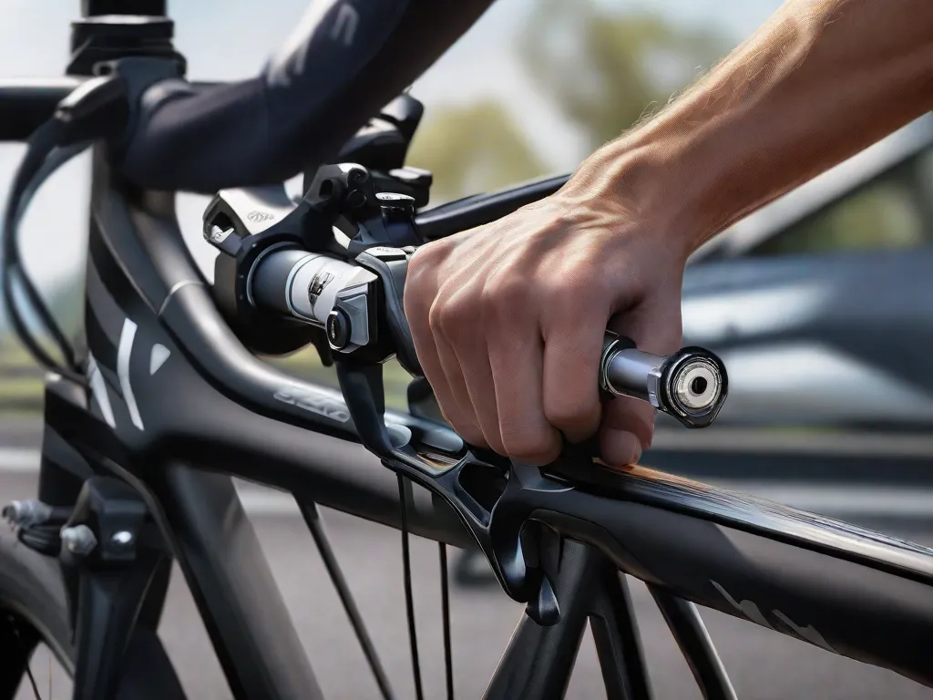 Descrição da imagem: Um close-up da mão de um ciclista apertando suavemente a alavanca de freio em uma bicicleta de estrada elegante. O foco está nos dedos aplicando a quantidade certa de pressão, simbolizando a importância de praticar gradualmente o controle dos freios para uma ciclismo seguro.