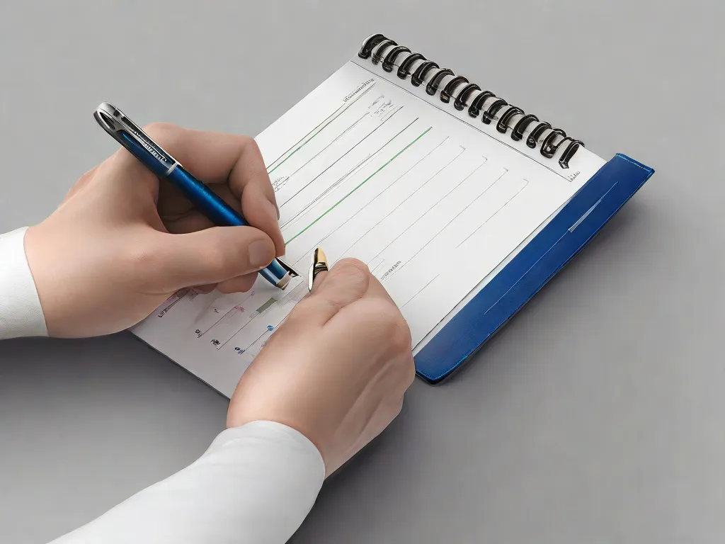 Uma imagem em close-up da mão de um ciclista segurando uma caneta, posicionada sobre um livro de registro de treinamento. O livro está aberto em uma página intitulada