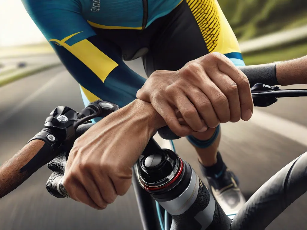 Uma imagem em close das mãos de um ciclista segurando firmemente o guidão, mostrando a importância da posição adequada e do controle ao pedalar. O foco está nas mãos, destacando a confiança e habilidade do ciclista em navegar com a bicicleta.