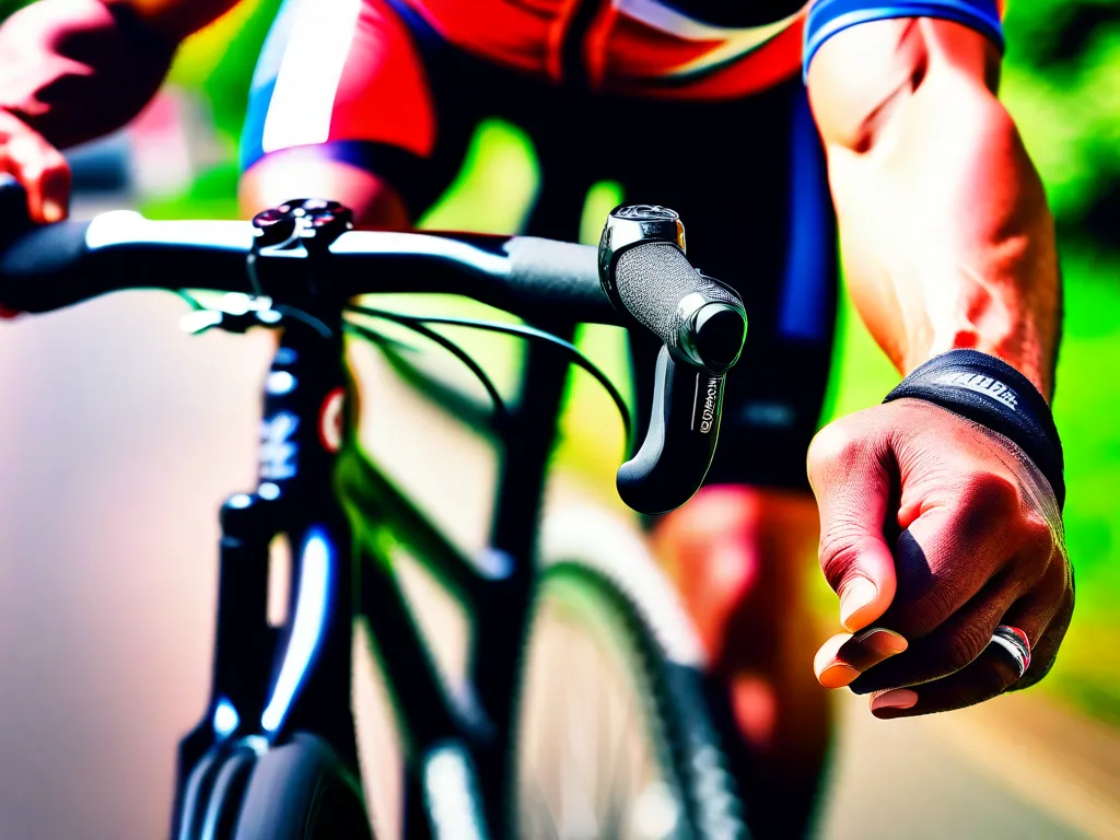 Uma imagem em close das mãos de um ciclista segurando o guidão, mostrando sua firmeza e controle. O foco está nas mãos, destacando a importância de dominar o equilíbrio e a estabilidade antes de iniciar um passeio de bicicleta.
