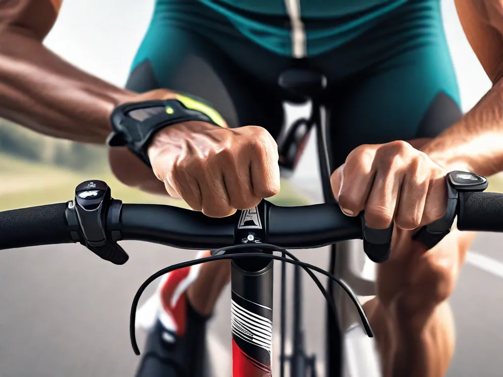Uma imagem em close das mãos de um ciclista segurando o guidão, mostrando a determinação e foco necessários durante o treinamento para aprimorar as habilidades de ciclismo. Os nós dos dedos estão levemente esbranquiçados, destacando a intensidade do esforço. O fundo está borrado, simbolizando a natureza acelerada da sessão de treinamento.