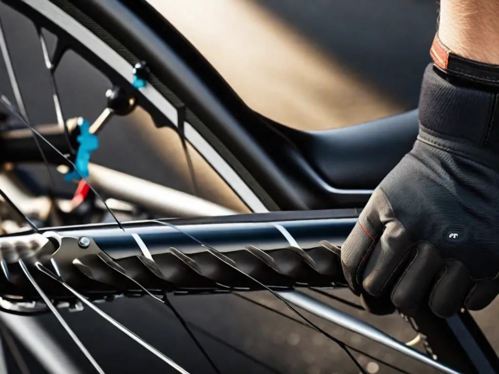 Imagem em close das mãos de um ciclista segurando as alavancas de freio, mostrando os detalhes intricados do sistema de freio. O foco está nas pastilhas de freio em contato com a roda, destacando a importância de verificar regularmente os freios para um ciclismo seguro.