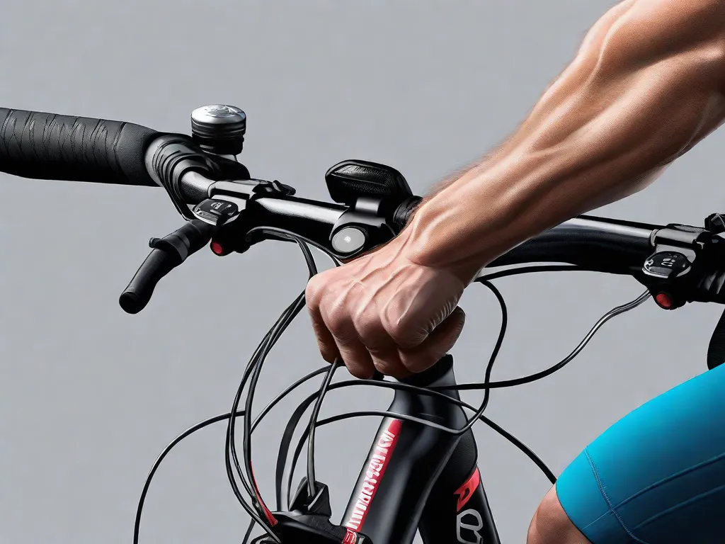 Uma imagem em close das mãos de um ciclista segurando o guidão, mostrando a intensidade e determinação em seu aperto. As luvas desgastadas e o suor visível nas palmas do ciclista refletem o nível de habilidade e experiência necessários para navegar por terrenos desafiadores.
