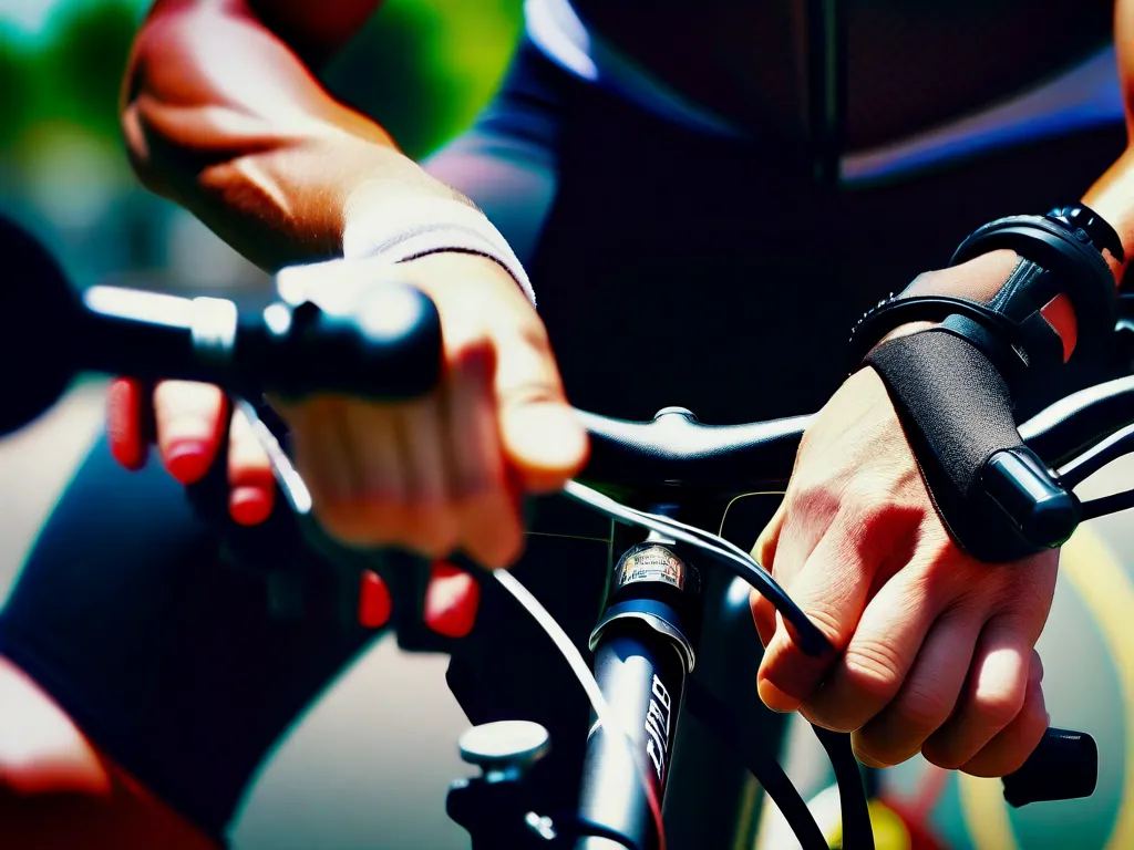 Uma imagem da mão de um ciclista no guidão, com uma visão ampliada das engrenagens e trocadores. Os dedos estão no processo de mudança de marchas, demonstrando o controle preciso e habilidade necessários para trocar de marchas suavemente enquanto pedala.