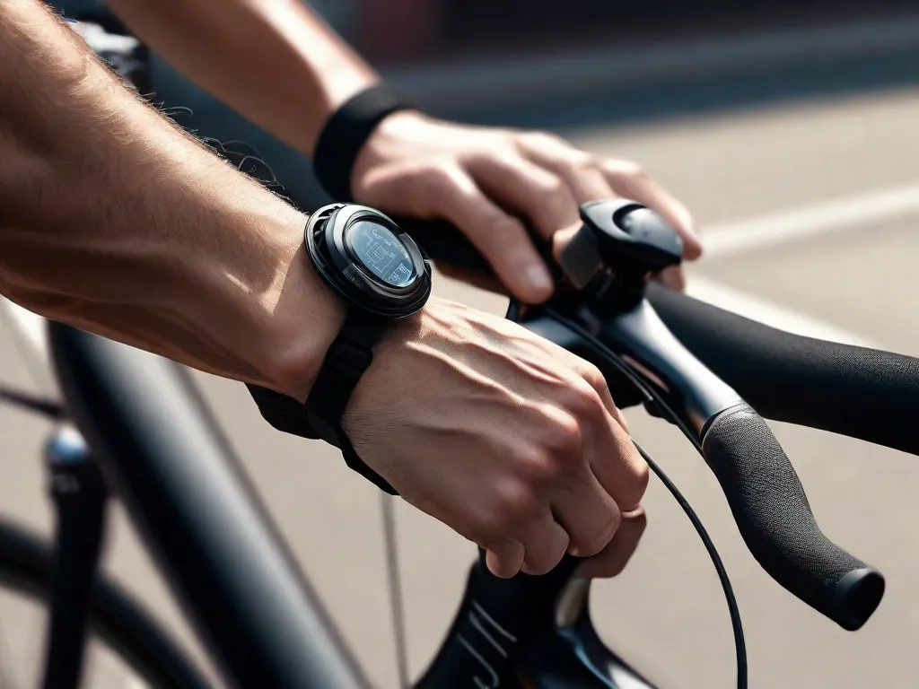 Uma imagem em close-up das mãos de um ciclista segurando o guidão com precisão e controle. O foco está nos dedos envoltos nos punhos, mostrando a técnica correta para executar uma pedalada poderosa e eficiente.