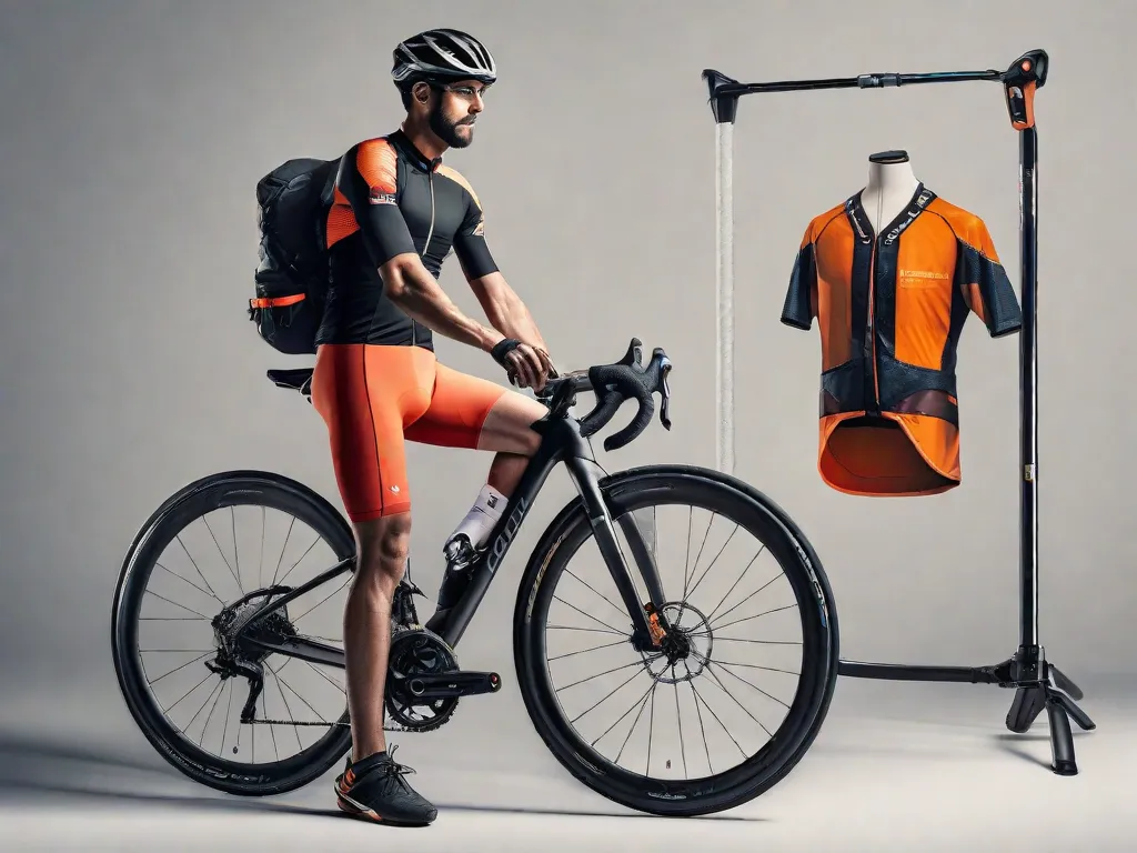 Uma imagem de um ciclista em pé ao lado de uma bicicleta com uma fita métrica enrolada em várias partes, como o quadro, guidão e rodas. Essa imagem representa a importância de compreender e considerar as medidas de uma bicicleta ao escolher o ajuste correto para conforto e desempenho ideais.