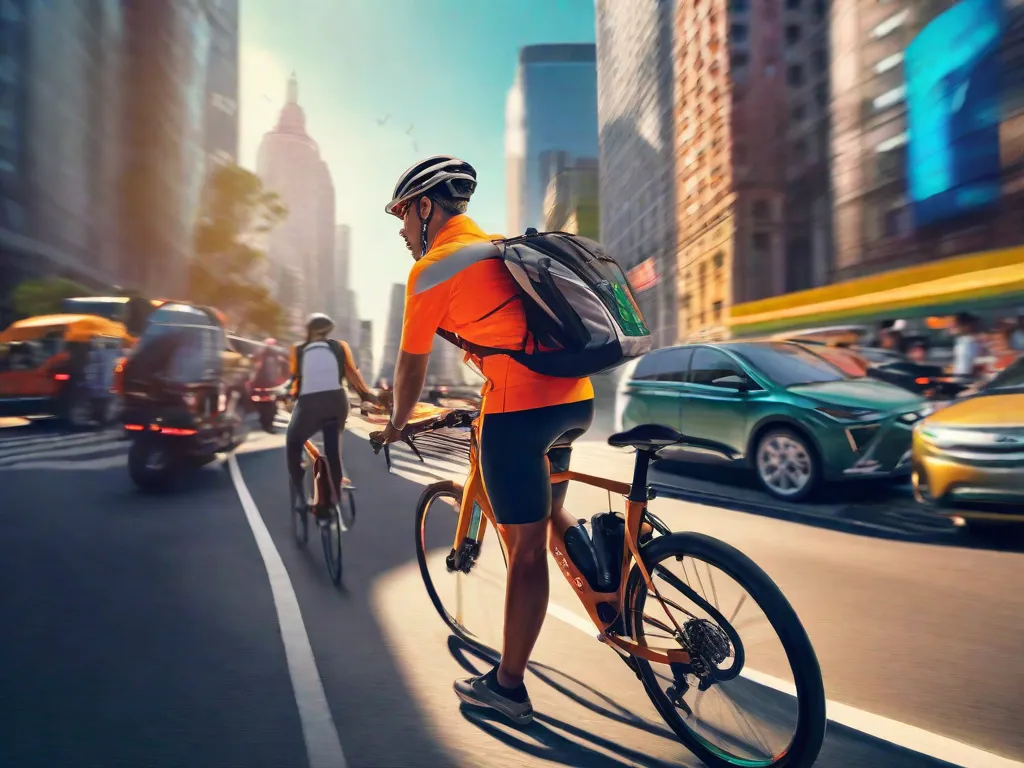 Uma imagem vibrante de um ciclista navegando sem esforço por uma cidade movimentada, mostrando os desafios da mobilidade sustentável. Ao fundo, um engarrafamento representa o problema, enquanto ciclovias, transporte público e veículos elétricos simbolizam as soluções inovadoras que conduzem a um futuro mais verde.