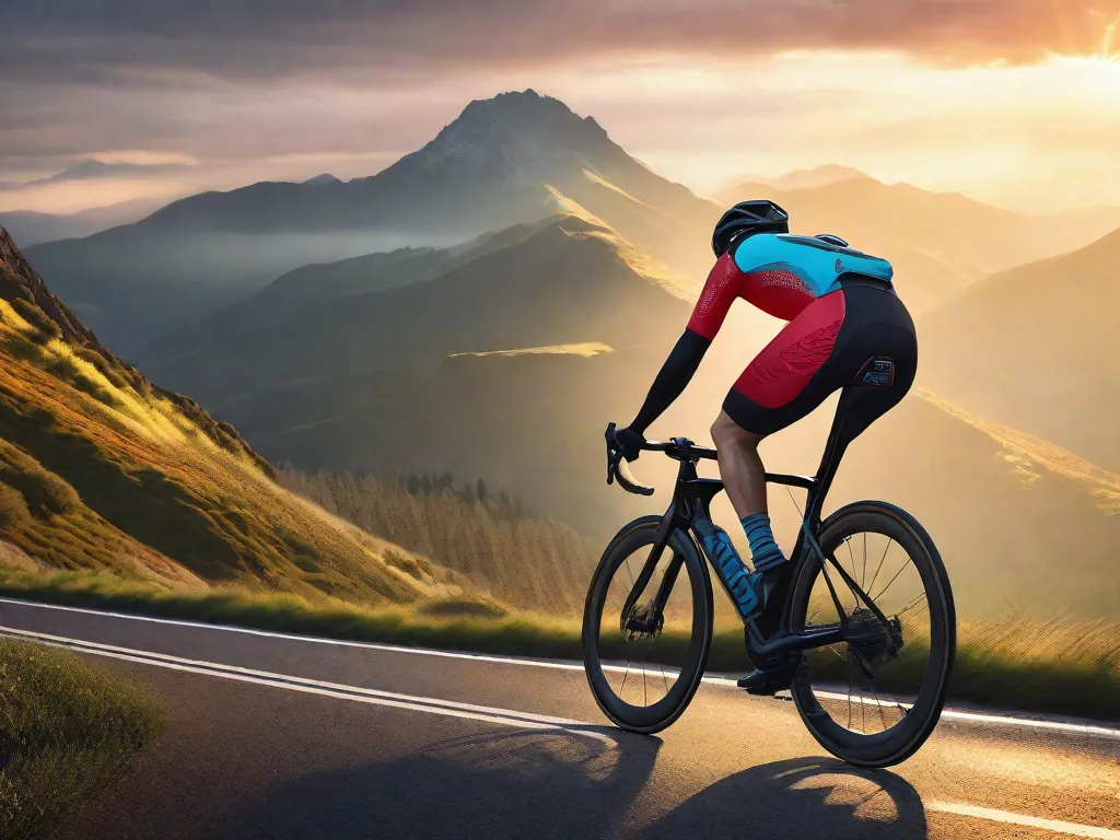 Uma imagem serena de um ciclista adulto em uma estrada tranquila ao amanhecer, em uma posição aerodinâmica, inalando profundamente o ar fresco da manhã com os olhos fechados em concentração, cercado por uma paisagem suavemente beijada pelo sol nascente.