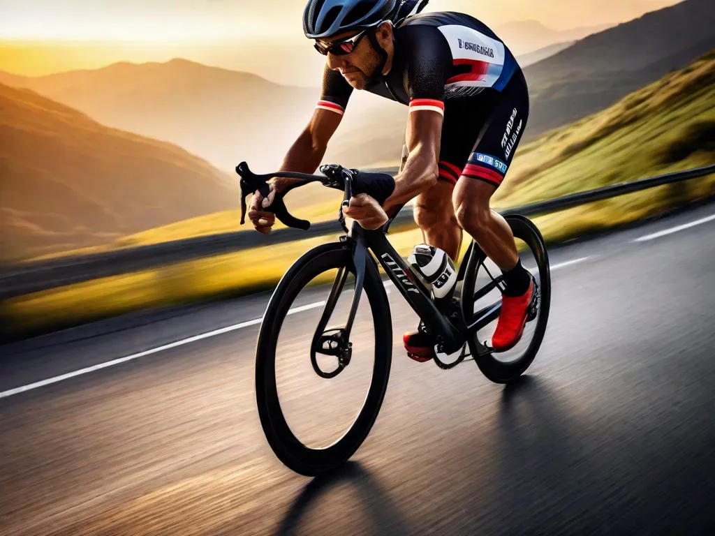 Uma imagem dinâmica de um ciclista adulto em uma bicicleta de estrada, pedalando vigorosamente para cima em uma estrada montanhosa íngreme e sinuosa ao nascer do sol, demonstrando determinação e resistência. A paisagem ao redor está desfocada, enfatizando a velocidade e o foco do ciclista em melhorar a resistência e a capacidade de suportar esforços prolong