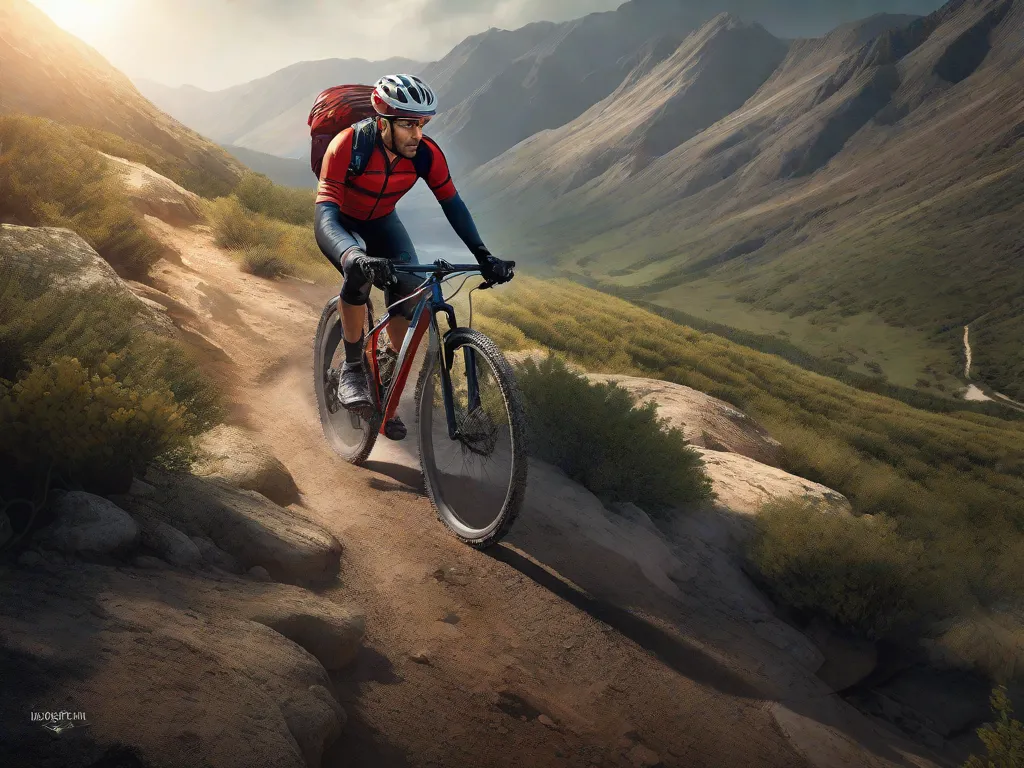 Um ciclista solitário pedala por uma íngreme e sinuosa trilha de montanha, demonstrando determinação diante de uma subida desafiadora. O caminho é cercado por um terreno acidentado, enfatizando os obstáculos pessoais que se deve superar através da persistência. A expressão focada do ciclista capta a essência da perseverança.