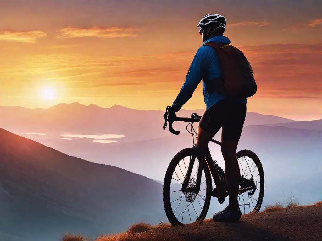 A silhueta de um ciclista solitário no topo de uma montanha ao nascer do sol, com um vasto panorama se estendendo abaixo. A luz da manhã cedo lança um brilho quente sobre a cena, destacando a determinação e o espírito de aventura que o ciclismo incorpora.