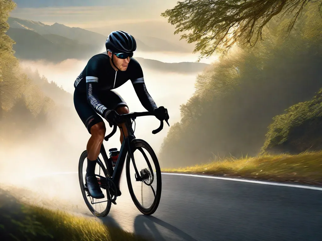 Um ciclista vestindo roupas aerodinâmicas avança por uma passagem de montanha nebulosa, com o sol rompendo as nuvens, projetando longas sombras. O orvalho brilha na folhagem ao redor, enfatizando o impacto das condições climáticas no passeio.