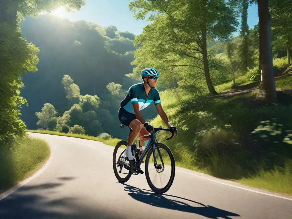 Uma imagem serena de um ciclista em uma estrada tranquila de montanha, respirando profundamente com os olhos fechados, cercado por uma vegetação exuberante e um céu azul límpido acima, ilustrando a paz da respiração consciente enquanto se pedala na natureza.