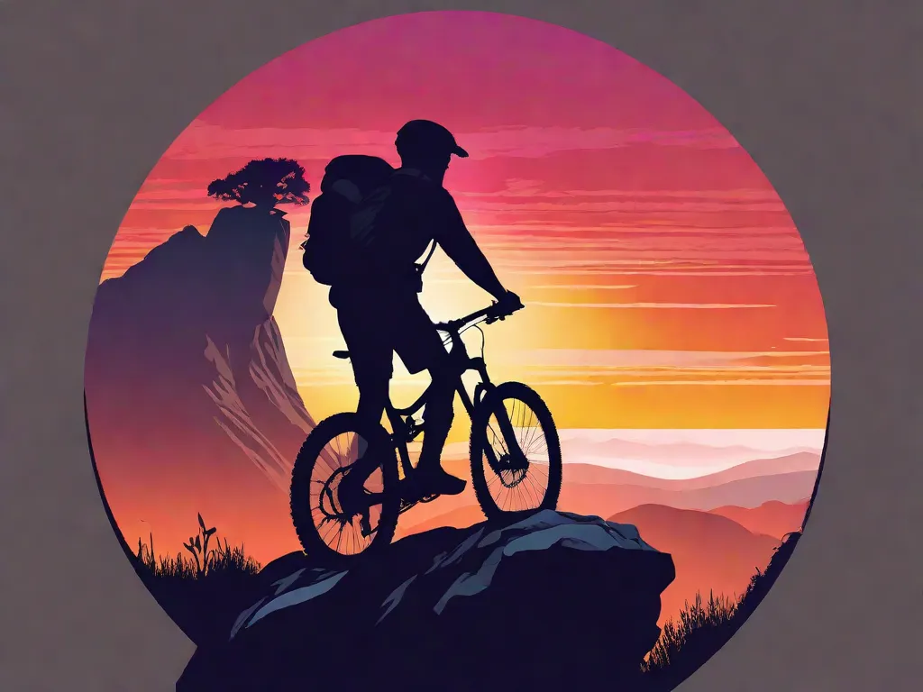 Um ciclista de montanha no pico de uma trilha acidentada, recortado contra um pôr do sol vibrante. Sua bicicleta está posicionada em uma saliência rochosa, com vista panorâmica do vale abaixo, ilustrando o ápice da experiência e a antecipação dos desafios que estão por vir na descida.