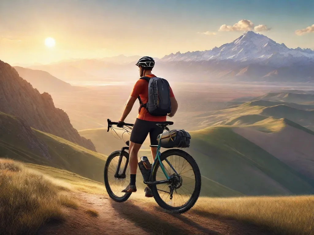 Um ciclista solitário está no topo de uma colina, contemplando uma vasta paisagem com uma cadeia de montanhas acidentadas ao fundo. A bicicleta, equipada com uma pequena mochila e garrafa de água, está pronta para a aventura. A luz do sol banha a cena com um brilho quente, destacando o sentido de exploração.
