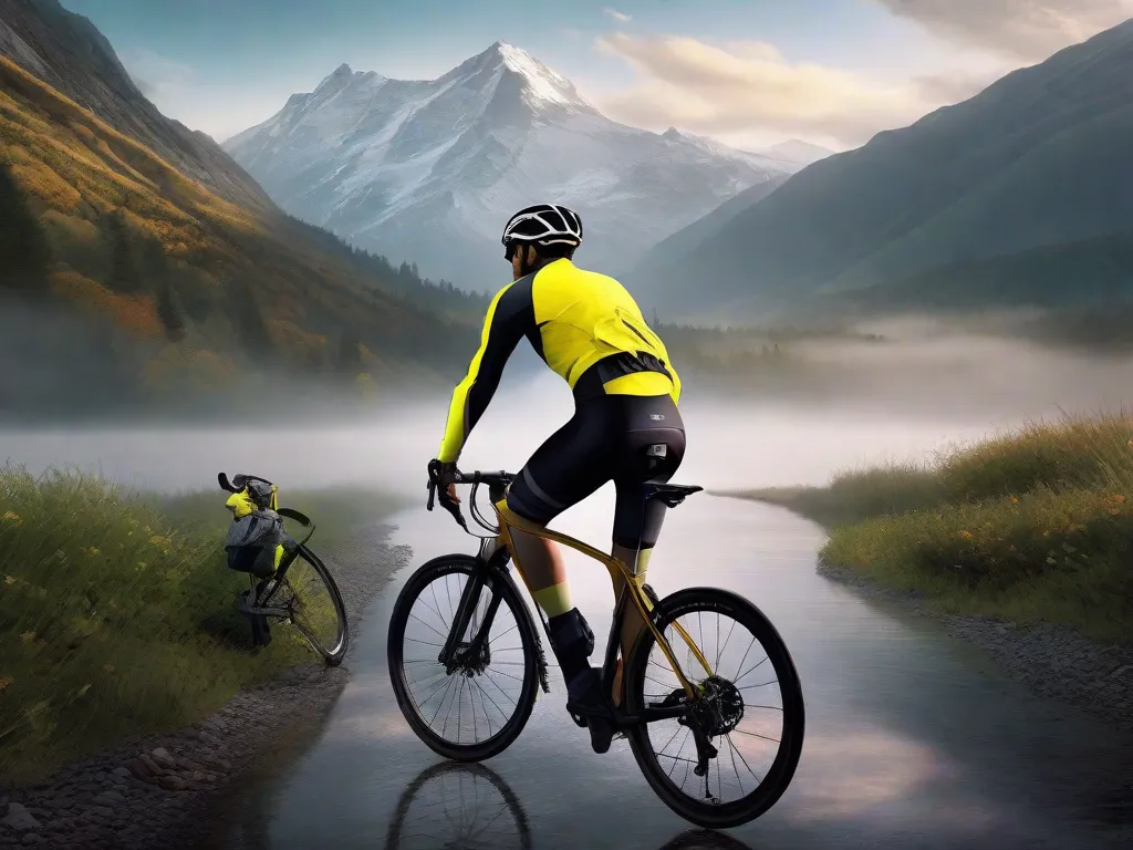 Um ciclista vestido com roupas respiráveis e à prova d'água está ao lado de sua bicicleta, com montanhas nebulosas ao fundo. O ciclista usa uma jaqueta brilhante e refletiva, com uma camada de base que absorve a umidade visível na gola, calças justas impermeáveis e protetores sobre os sapatos para repelir a água.
