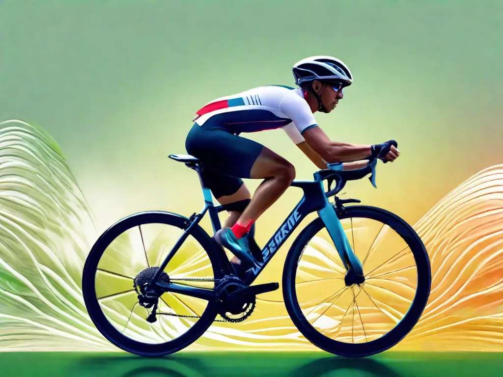 Uma imagem serena de um ciclista em movimento, vestido com roupas esportivas vibrantes, com foco em seu rosto relaxado enquanto ele respira profundamente. O fundo é um borrão de vegetação, significando velocidade e harmonia com a natureza, ilustrando a sincronização perfeita entre a respiração e o pedal.