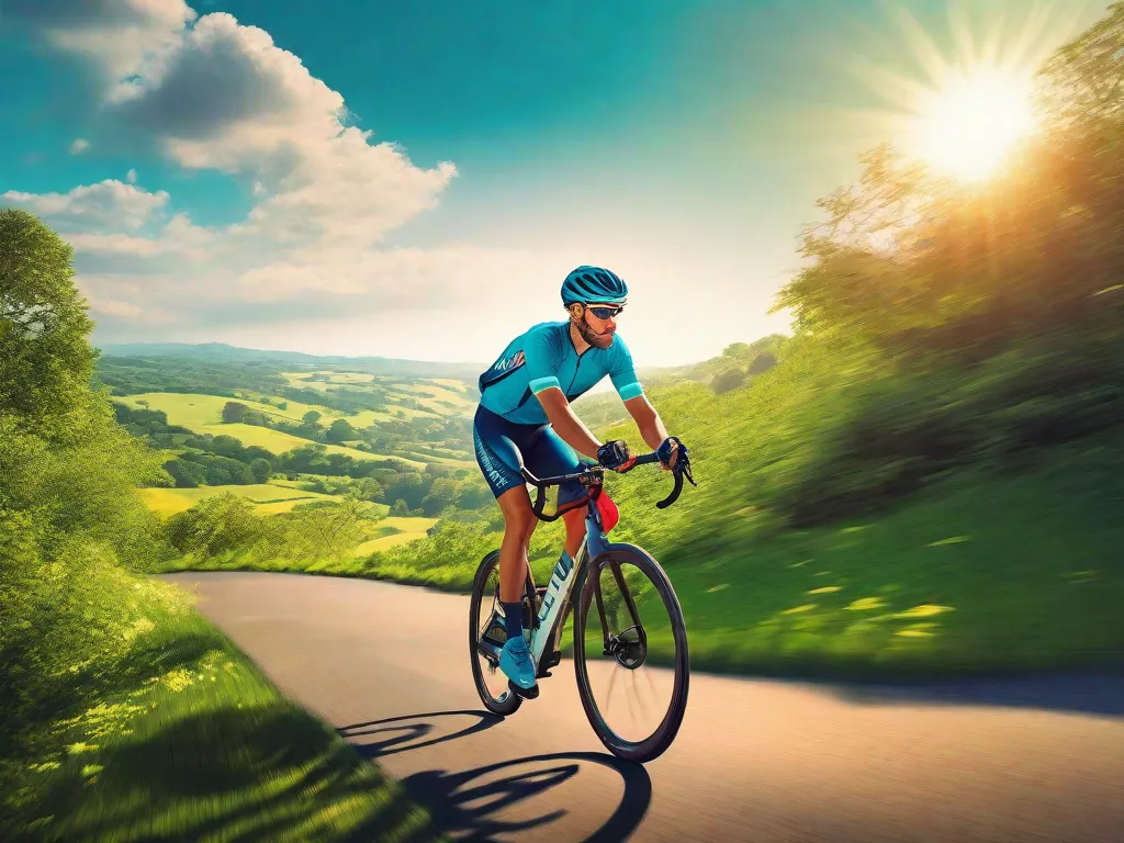 Descrição: Uma imagem vibrante mostrando um ciclista pedalando por uma paisagem pitoresca do campo. O ciclista está cercado por vegetação exuberante, com o sol brilhando intensamente acima. Essa imagem representa os benefícios de estabelecer rotinas de exercícios, como melhoria da forma física, bem-estar mental e a oportunidade de explorar ambientes externos bonitos.
