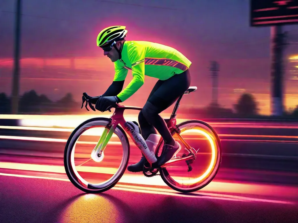 Um ciclista ao crepúsculo, vestido com uma jaqueta refletiva neon brilhante com faixas refletivas, capacete com adesivos refletivos e luvas. As rodas da bicicleta têm paredes laterais refletivas, e há luzes LED anexadas à frente e atrás, aumentando a visibilidade em uma estrada mal iluminada.