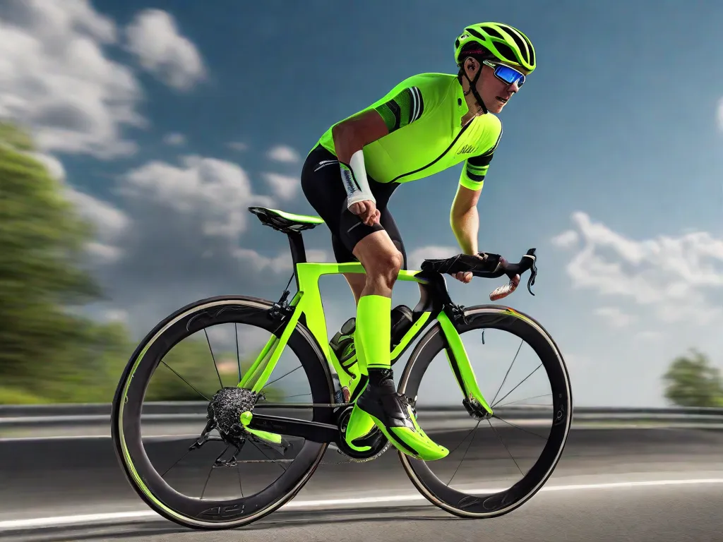 Um ciclista usando uma camisa de ciclismo aerodinâmica e vibrante, nas cores verde neon e preta, combinada com uma bermuda de ciclismo preta justa ao corpo. Eles estão equipados com um capacete branco leve e aerodinâmico, luvas sem dedos e óculos de sol refletivos. Uma bicicleta de estrada está apoiada ao lado deles, contra um fundo de
