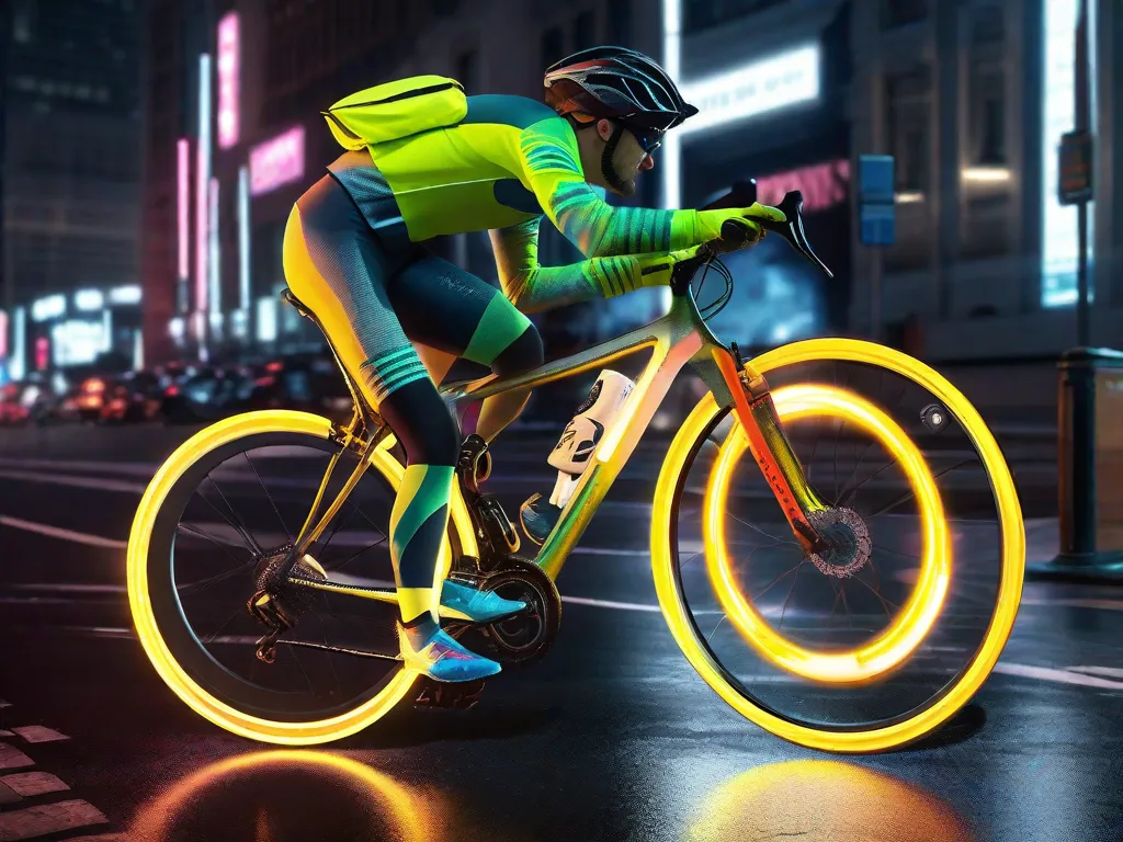 Um ciclista usa uma jaqueta neon de alta visibilidade e um capacete com faixas refletoras, montando uma bicicleta equipada com luzes LED brilhantes e refletores nas rodas, pedalando por uma rua da cidade pouco iluminada ao crepúsculo, garantindo que se destaque tanto para veículos quanto para pedestres.
