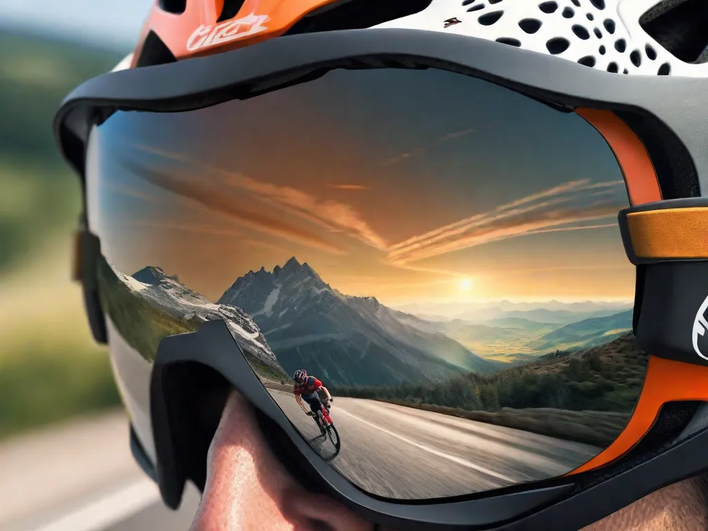 Uma imagem em close-up de um ciclista usando um par elegante de óculos de proteção, com o reflexo da estrada e da paisagem ao redor visível nas lentes. Os óculos proporcionam tanto estilo quanto segurança, garantindo que os olhos do ciclista estejam protegidos contra poeira, vento e detritos durante suas aventuras de bicicleta.