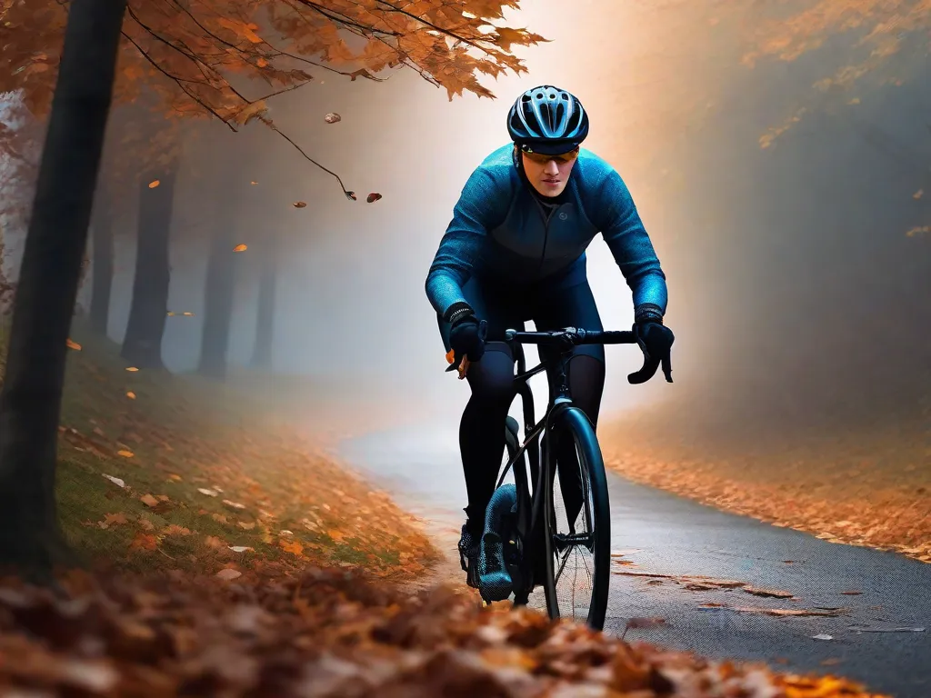 Um ciclista vestido com roupas em camadas pedala por um caminho nebuloso de outono, com folhas espalhadas ao redor. O ciclista usa uma jaqueta corta-vento, luvas de dedos longos, leggings térmicas e uma touca justa por baixo do capacete. Elementos refletivos no equipamento aumentam a visibilidade na luz baixa.