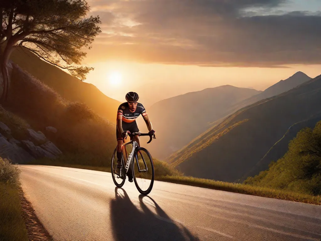 Descrição da imagem: Um ciclista é visto alongando as pernas em uma estrada de montanha pitoresca. O sol está se pondo ao fundo, lançando um brilho quente na paisagem. A expressão concentrada do ciclista reflete sua determinação em se recuperar adequadamente e melhorar sua resistência.