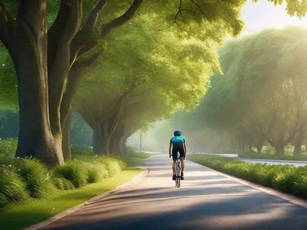 Uma imagem serena de uma passagem vazia e suave serpenteando por um parque verdejante com um ciclista adulto andando de bicicleta de estrada ao longe, perfeitamente ereto, sem usar as mãos, demonstrando equilíbrio. A luz suave da manhã filtra-se através da folhagem, destacando a postura relaxada do ciclista e o ambiente tranquilo.