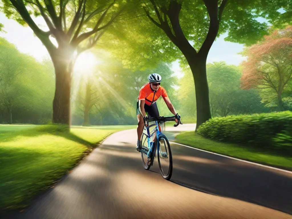 Descrição: Uma imagem vibrante de um ciclista pedalando por um parque tranquilo, cercado por árvores verdes exuberantes. O ciclista está usando um capacete e um colete reflexivo brilhante, enfatizando a importância da segurança. O sol está brilhando, lançando um brilho quente no caminho à frente, convidando iniciantes a começar com rotas curtas e seguras